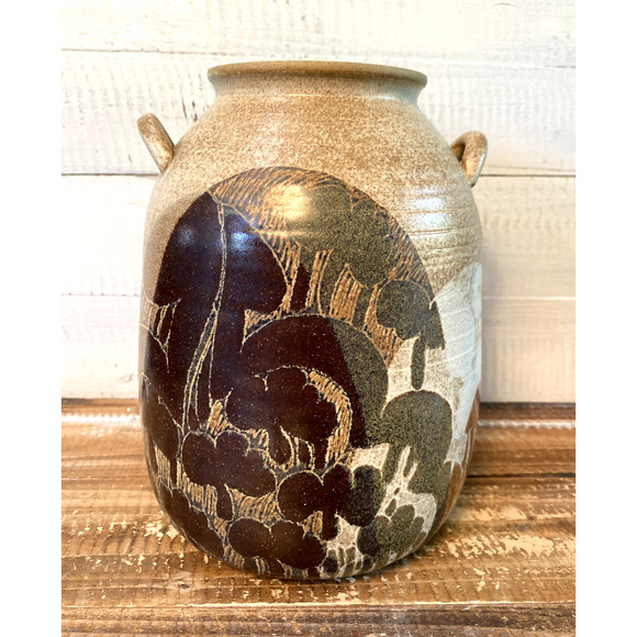 Vintage Crich Pottery England Double Handled Jug Brown Diana Worthy Signed - Picture 2 of 12